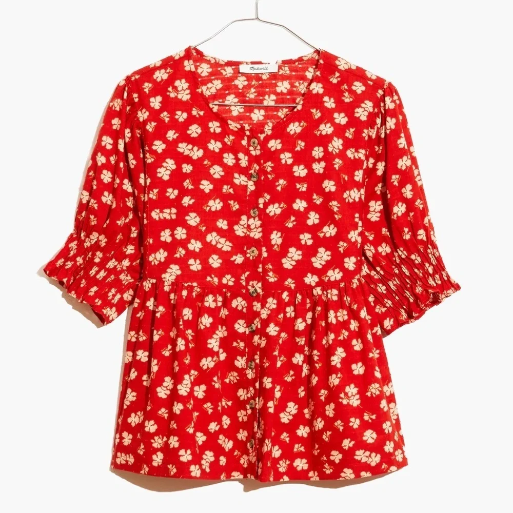 Madewell Puff-Sleeve Button-Front Top in Swiss Dot Happy Aloha Thai Chili Size S